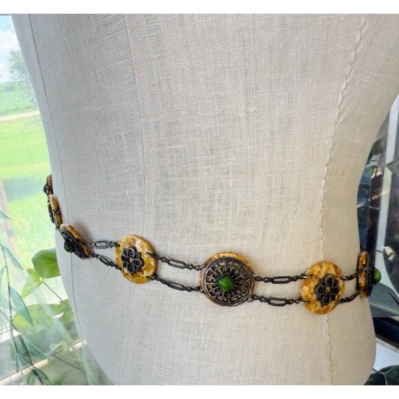 Antique 30's Celloid Circles Green Glass Silverplate women's Link Belt/Necklace - Picture 13 of 16